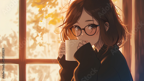 Beautiful anime girl character wearing glasses in a cafe drinking coffee photo
