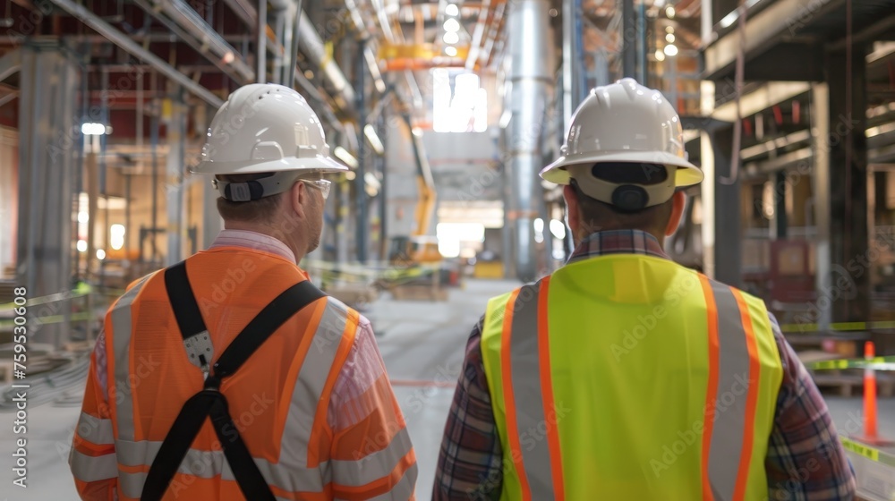 industrial workers in safety vests and hard hats collaborating on a project industrial workers in safety vests and hard hats collaborating on a project