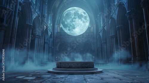 Moonlit Gothic Cathedral Podium Mockup  Front View Display Product on Mystic Stand