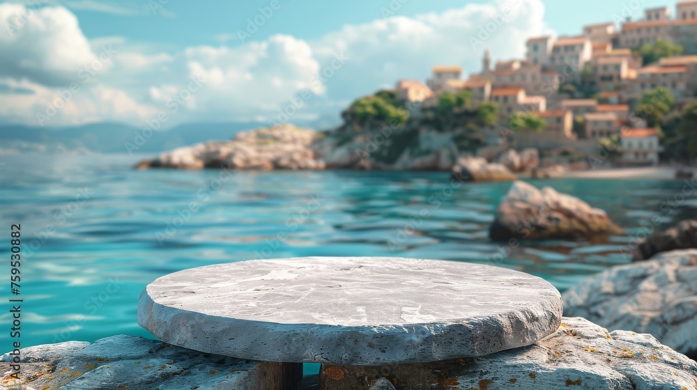 Naklejka premium Coastal Stone Podium Mockup, Front View Product Display Overlooking Mediterranean Seascape