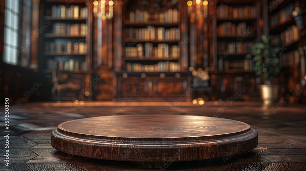 Fototapeta premium Classic Library Podium Mockup, Wooden Display Product Stand Front View