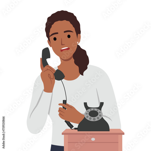 Young woman speak on old corded phone at home. Flat vector illustration isolated on white background