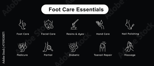Foot hygiene icons, Healthy feet icons, Foot treatment icons, Podiatrist icons, Podiatry icons, Pedicure icons, Foot health icons. Vector editable Stroke icons.