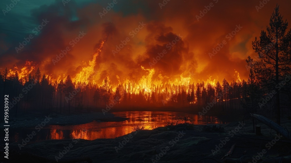 Intense Wildfire Engulfing a Forest at Dusk
