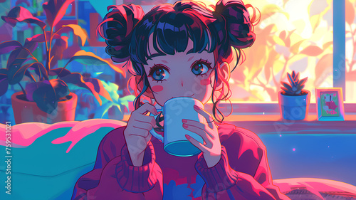 Beautiful anime girl character in cafe drinking coffee