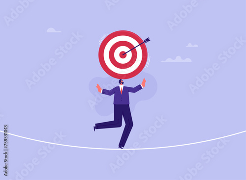 Uncertain or ambiguous business goal concept, hesitation in business decision or career path, businessman try to maintain target on his head
