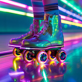 Reflective roller skates with pink wheels, vibrant neon lights at a roller disco.