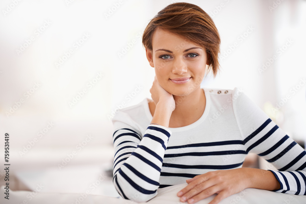 Sofa, portrait and woman with beauty to relax in home, lounge with happiness on vacation or holiday. Calm, break and girl with smile in casual clothes or fashion in apartment with makeup mockup Sofa, portrait and woman with beauty to relax in home, lounge with happiness on vacation or holiday. Calm, break and girl with smile in casual clothes or fashion in apartment with makeup mockup