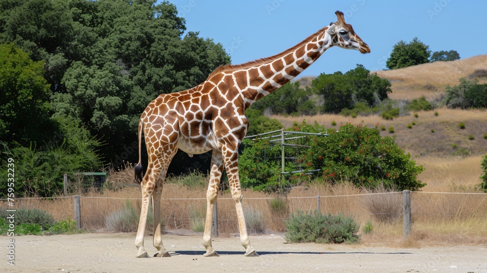 Large giraffe with a distinctive spotted pattern at the zoo. Large giraffe with a distinctive spotted pattern at the zoo.