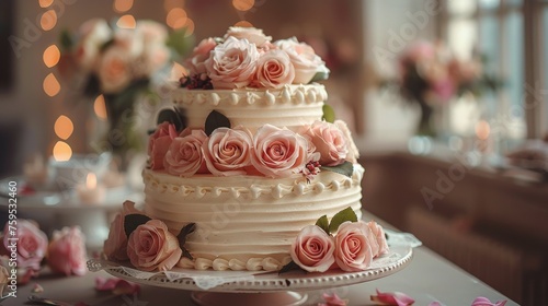 Wedding Cake Adorned With Pink and White Flowers