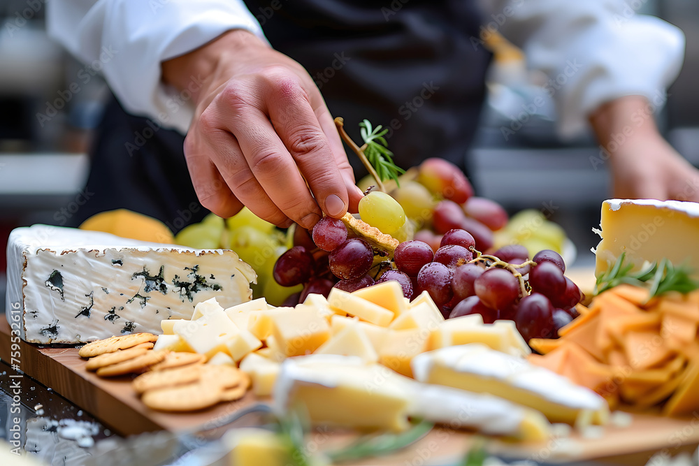 a person's hands carefully arranging a cheese platter with a variety of cheeses, crackers, and fruits a person's hands carefully arranging a cheese platter with a variety of cheeses, crackers, and fruits