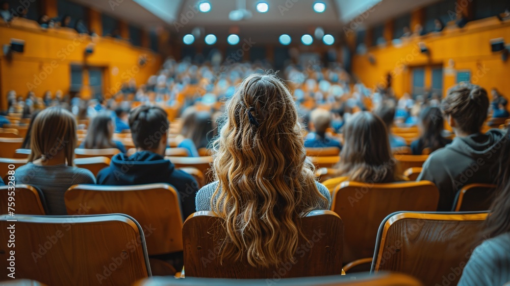 Educational lecture and seminar. Attendees in the auditorium. Higher learning. Educational lecture and seminar. Attendees in the auditorium. Higher learning.