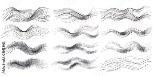 Collection of doodle-style pencil marks including squiggles, charcoal smudges, and strikethroughs, with wavy horizontal and scratchy edges. © ckybe