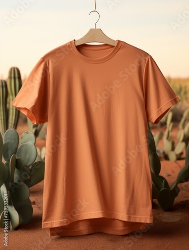 vertical photo of an orange T-shirt mockup against the backdrop of a sunny desert with blooming cacti nature