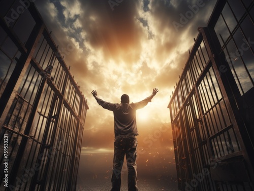 The happy prisoner is released from prison and he greets freedom with his open gates sun  and raised hands. cinnamon dark tones outside the gates