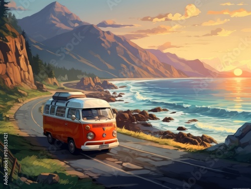 an orange camper is carrying a family on the road to the sea on a summer vacation on a sunny day. concept tourism, travel photo