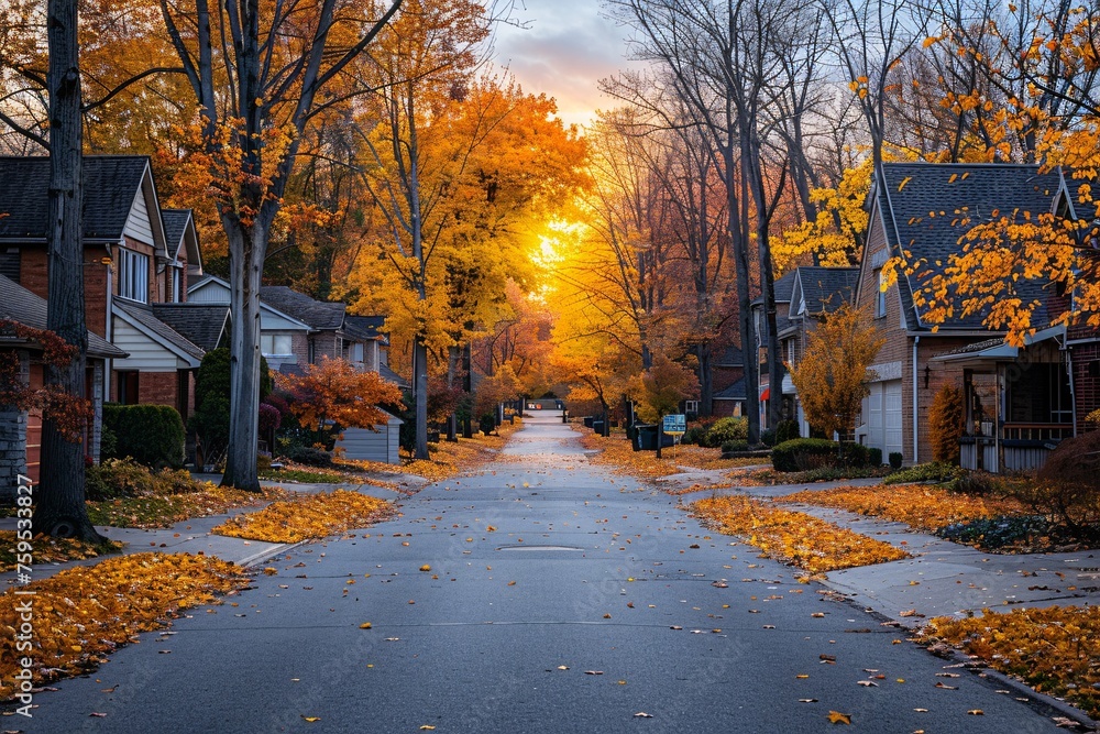 Tranquil residential lane lined with homes and gilded foliage during sundown.