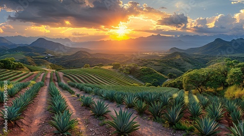 Dusk on a field of Agave used for creating Tequila in the state of Mexico.
