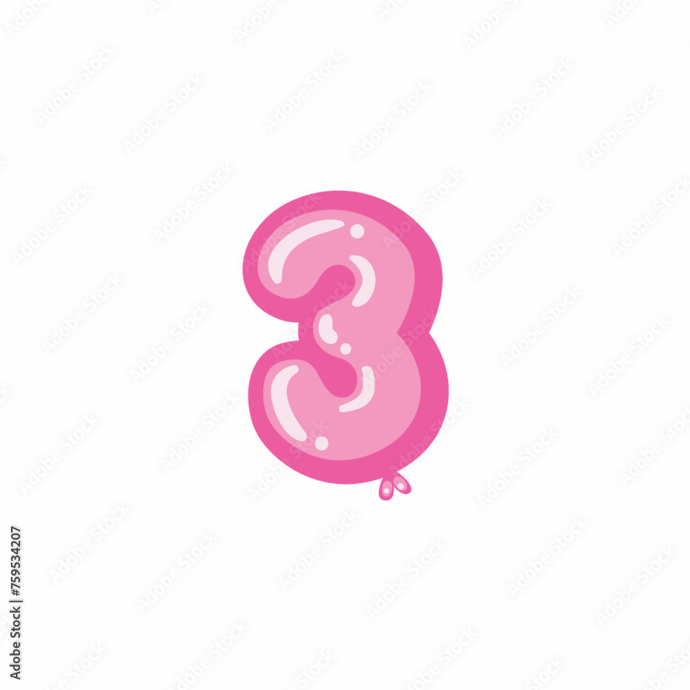 Pink Color 3 Counting Number, Cartoonish Counting white Background JPG Pink Color 3 Counting Number, Cartoonish Counting white Background JPG