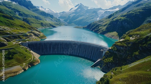 A sustainable hydroelectricity source in the Swiss Alps using a dam and lake to reduce carbon emissions and combat climate change, seen from above during summer. photo
