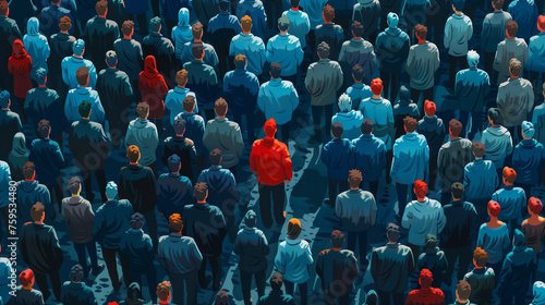 man in red jacket in a crowd of people top view. concept of loneliness in a crowd.