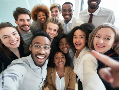 Multicultural happy people taking group selfie portrait in the office, diverse people celebrating together, Happy lifestyle, start-up and teamwork concept © Steve