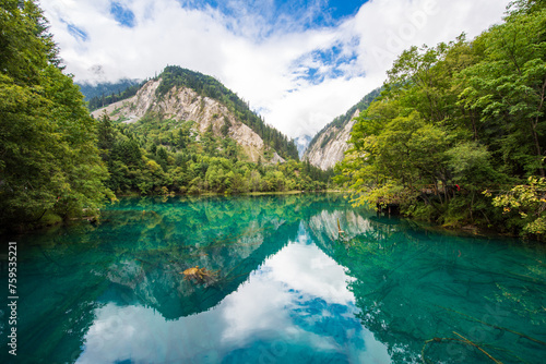 Beautiful view of the blue lake of Wolong Sea in Jiuzhaigou  Sichuan  China