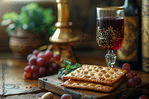 Festive table bound for a traditional Passover seder with a cup of Elijah the Prophet and matzoh © Sunshine