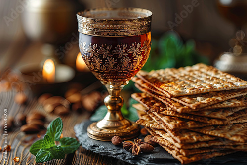 Passover celebration concept. Matzah, red kosher in cup elijah on wooden table table photo