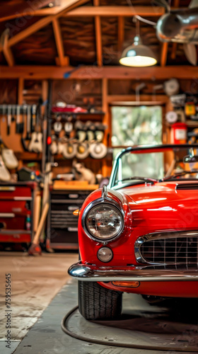 A classic car beautifully restored in a home garage, mobile phone wallpaper or advertising background