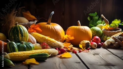 Calabazas, peras, manzanas y mazorcas de maíz para el fondo del concepto de celebración de acción de gracias
