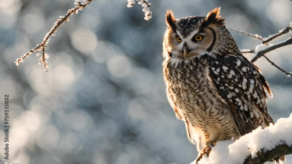 Owl perching on a branch in the winter Owl perching on a branch in the winter