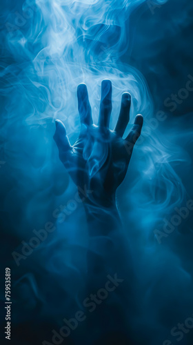 A ghostly hand emerging from the darkness, evoking the terror of the supernatural. mobile phone wallpaper or advertising background
