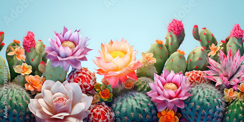 Beautiful colorful cactus flowers grows on plants on the blue background 