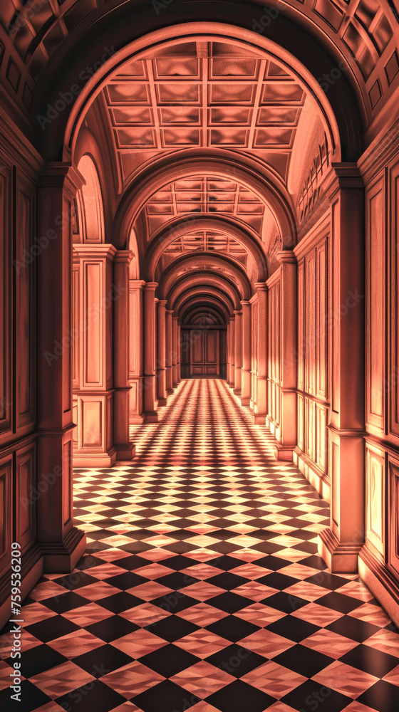 Fototapeta premium A corridor that seems to stretch into infinity, a classic perspective illusion, mobile phone wallpaper