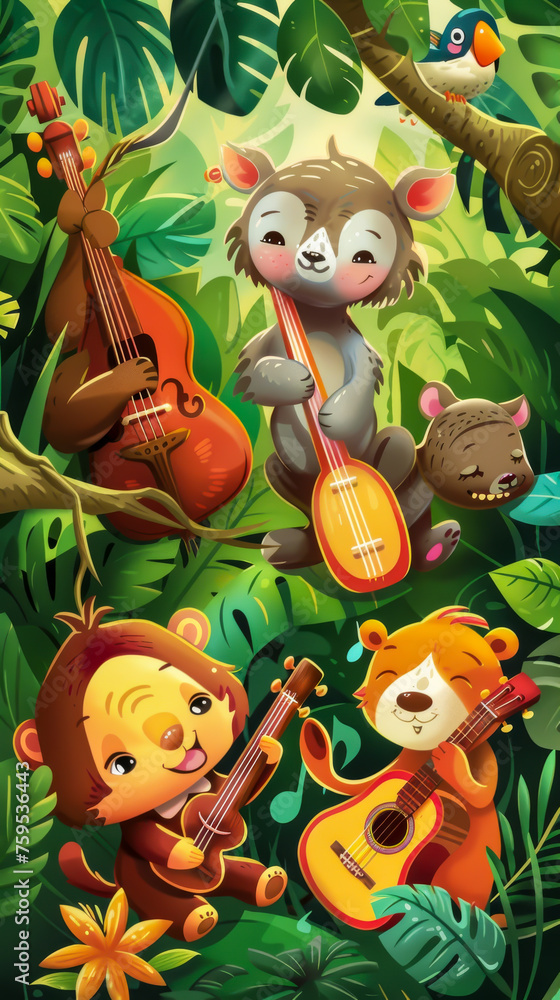 Cartoon animals playing on a jungle gym in the wild, mobile phone wallpaper Cartoon animals playing on a jungle gym in the wild, mobile phone wallpaper