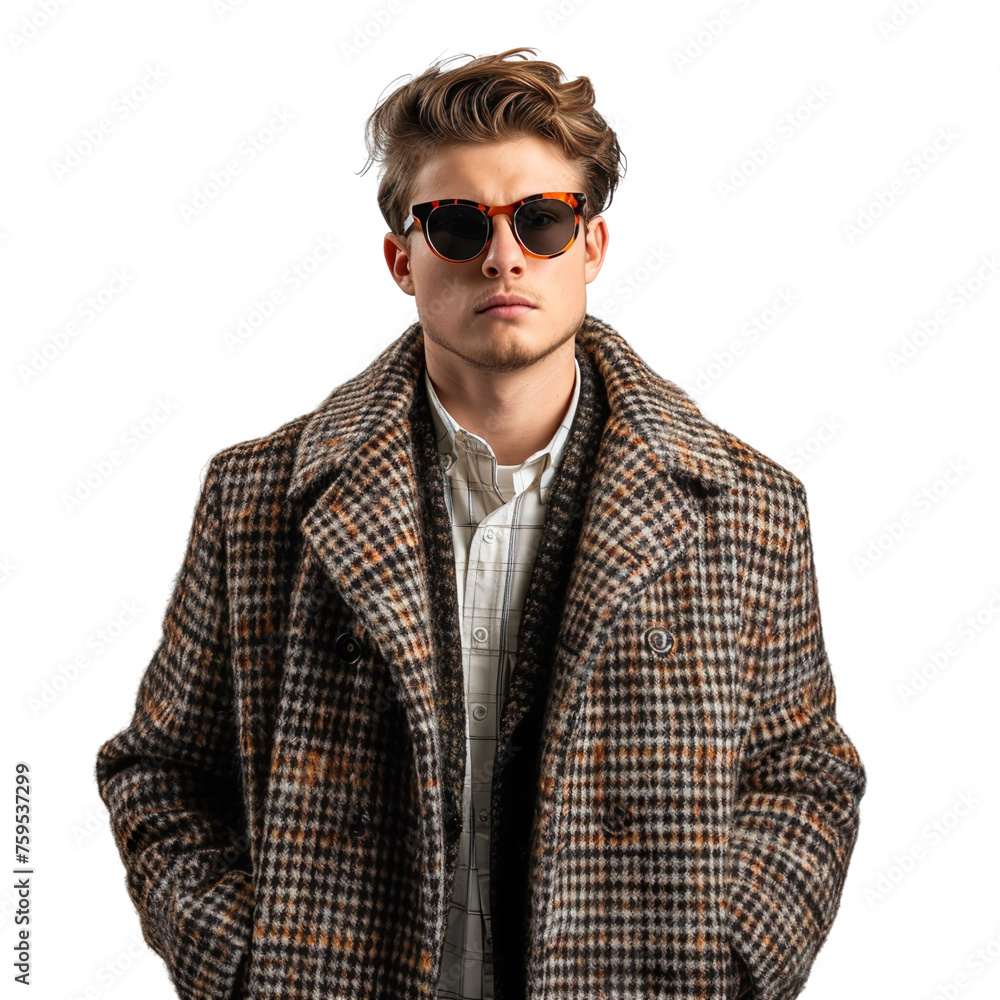 Front view mid-body shot of an extremely handsome male Caucasian white model wearing an edgy leather-trimmed fur coat with sunglasses on a white background Front view mid-body shot of an extremely handsome male Caucasian white model wearing an edgy leather-trimmed fur coat with sunglasses on a white background