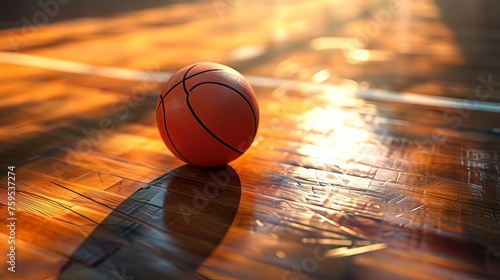 Image of a basketball resting on a glossy wooden basketball court floor. Generative ai.