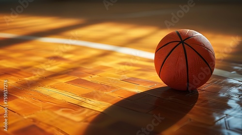 Image of a basketball resting on a glossy wooden basketball court floor. Generative ai.