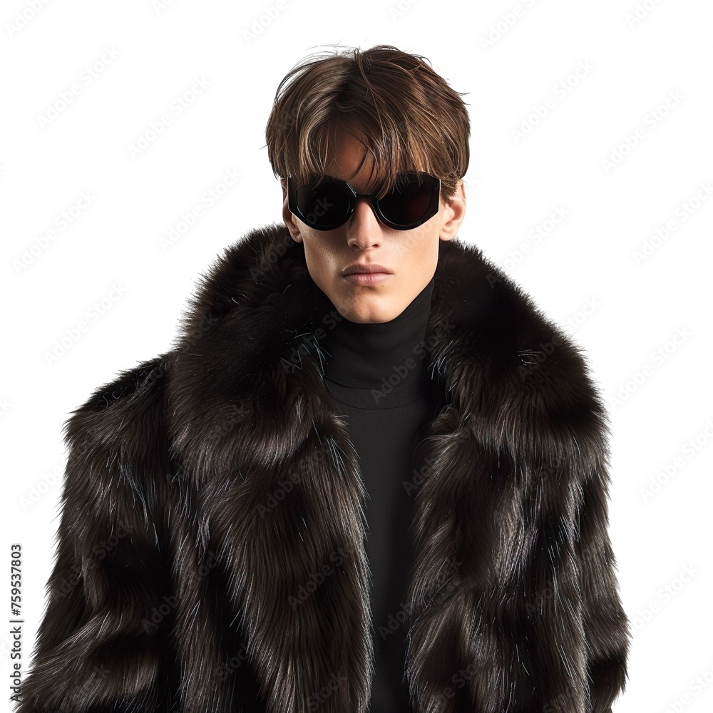Front view mid-body shot of an extremely handsome male Caucasian white model wearing a WORD fur coat with sunglasses on a white transparent background Front view mid-body shot of an extremely handsome male Caucasian white model wearing a WORD fur coat with sunglasses on a white transparent background