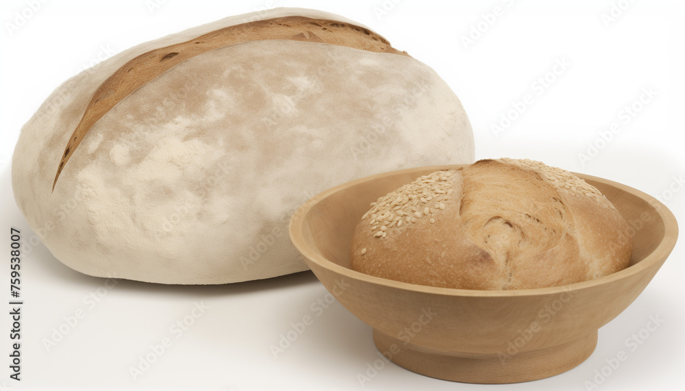 Artisan Bread Loaves in Wooden Bowls, Fresh Baked with Neutral Background