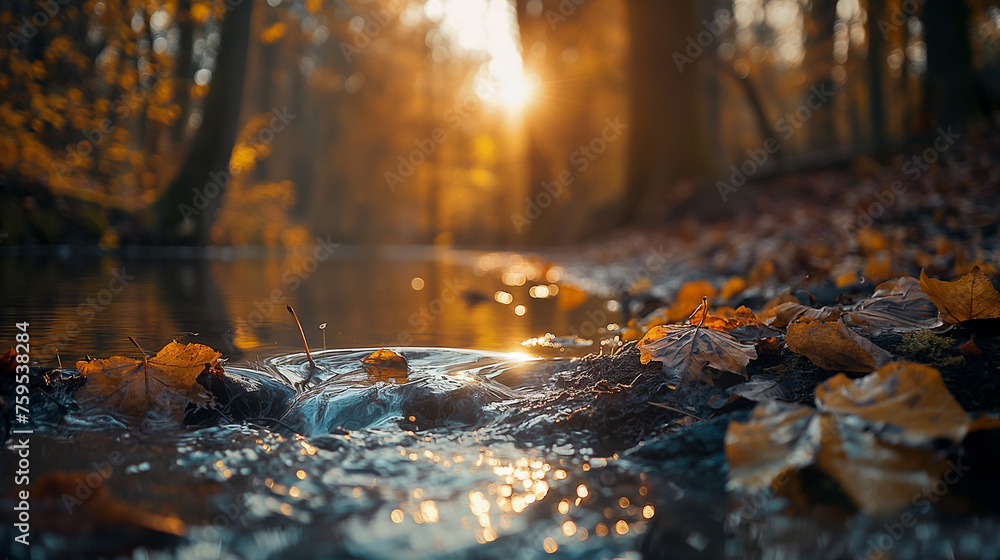 Autumn leaves on the river of forest Autumn leaves on the river of forest