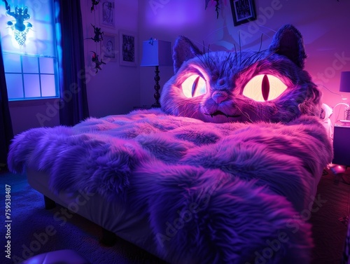 Cheshire cat with eyes glowing like a black light. Crowded Nightclub Psychedelic rave vibes. Plush king size bed with glowing pink furry duvet. photo