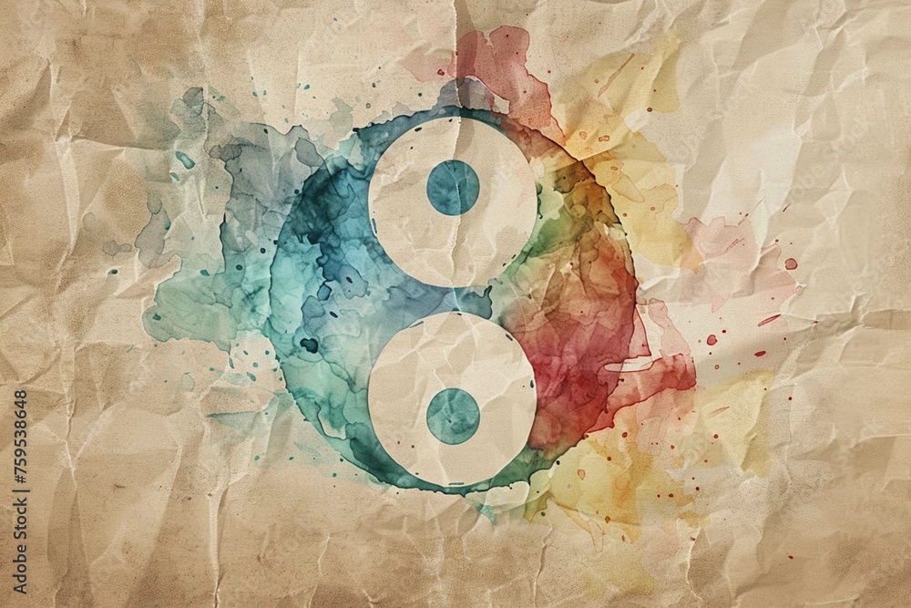 Watercolor yin yang symbol, old paper background