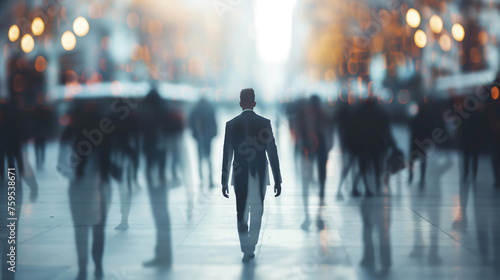 Businessman walking on the street, people fade away photo