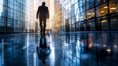 Silhouette of businessman walking in front of tall glass office building