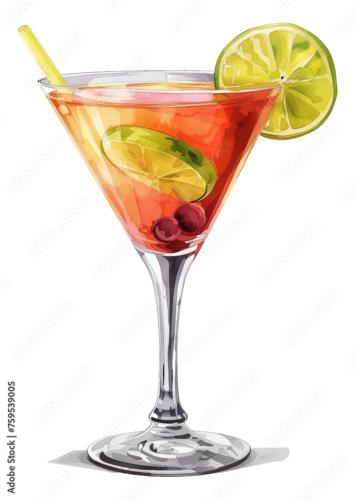 Watercolor art of a cocktail drink with lemon slice and cherry, cut out - stock png. Watercolor art of a cocktail drink with lemon slice and cherry, cut out - stock png.