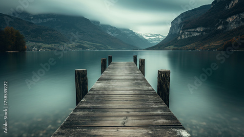 Wooden pier on lake with clouds and mountain range background
