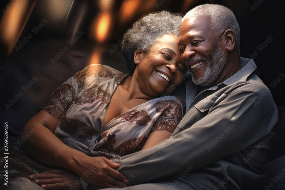 An elderly dark-skinned man and woman embracing each other affectionately in bed, showcasing love and romance