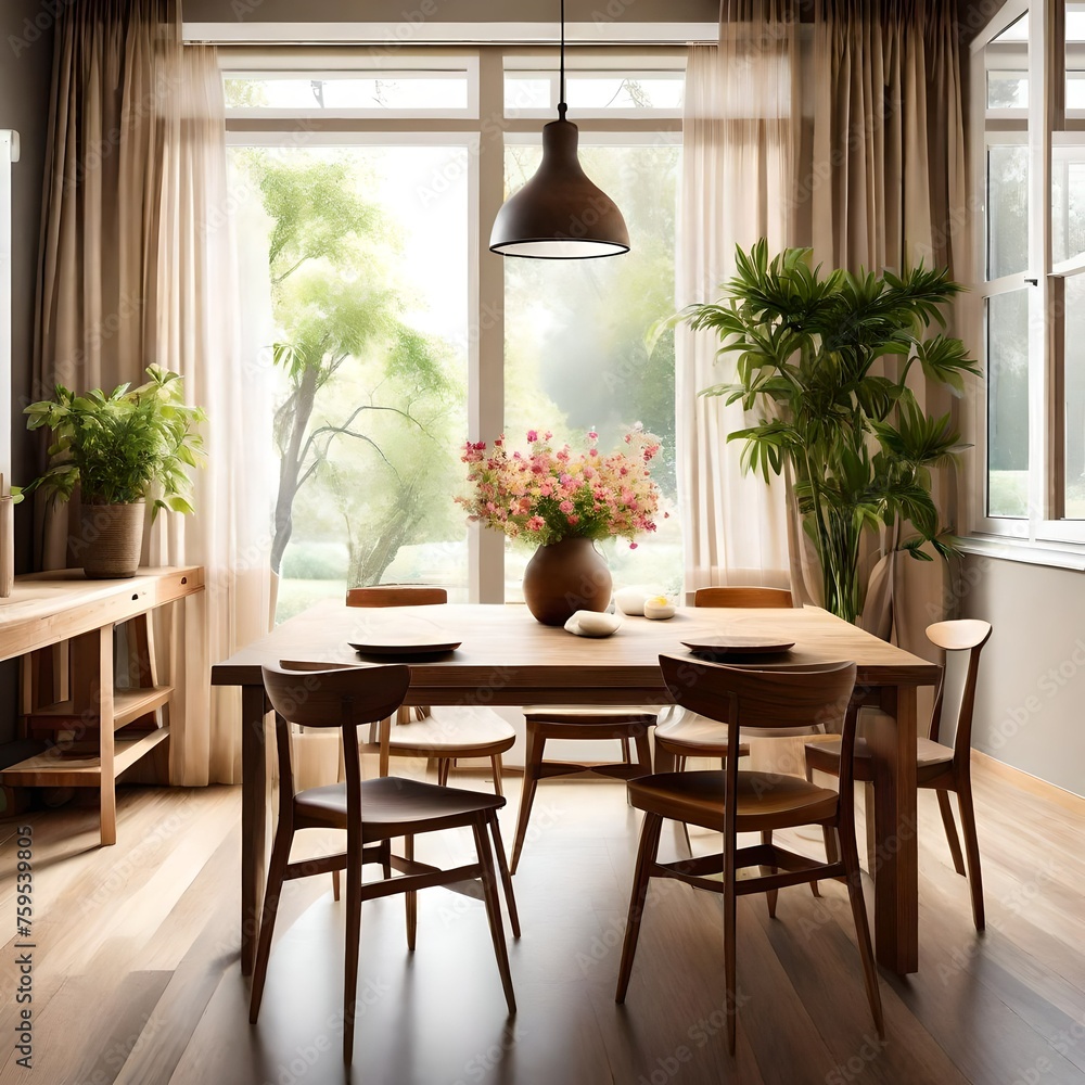 home interior dining room with wood chair and wood table vase with flowers plant